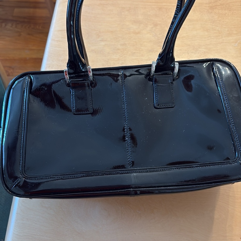 Calvin Klein Black Patent Leather Satchel Hand Bag with Double Top Handles - Picture 5 of 13